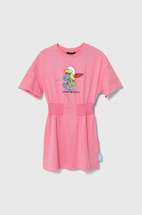 Dievčenské bavlnené šaty Emporio Armani x The Smurfs ružová farba, mini, áčkový strih