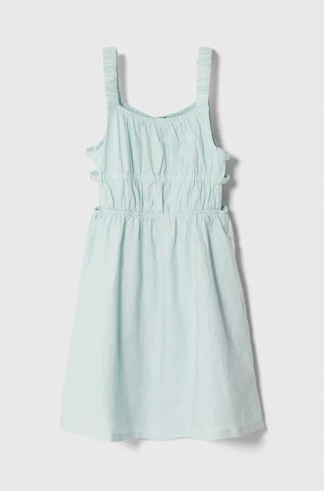 Dievčenské ľanové šaty United Colors of Benetton tyrkysová farba, mini, áčkový strih