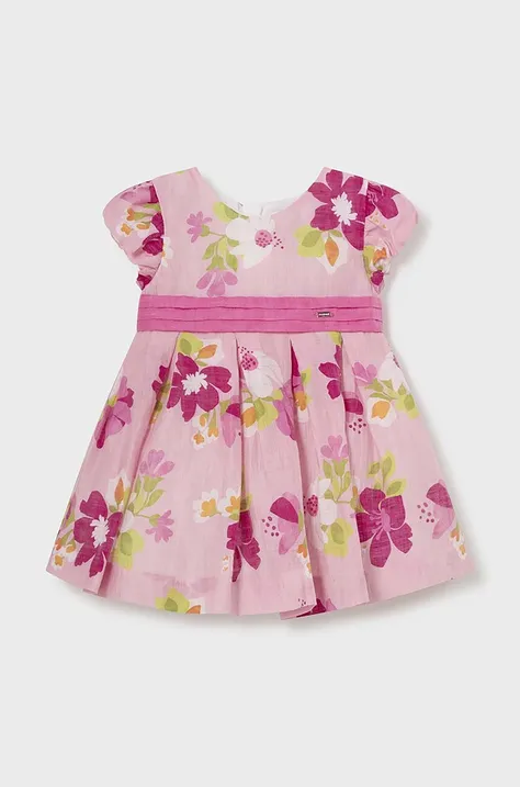 Lanena haljina za bebe Mayoral boja: ružičasta, mini, širi se prema dolje