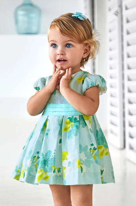 Lanena haljina za bebe Mayoral boja: tirkizna, mini, širi se prema dolje