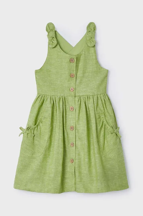 Dětské lněné šaty Mayoral zelená barva, mini