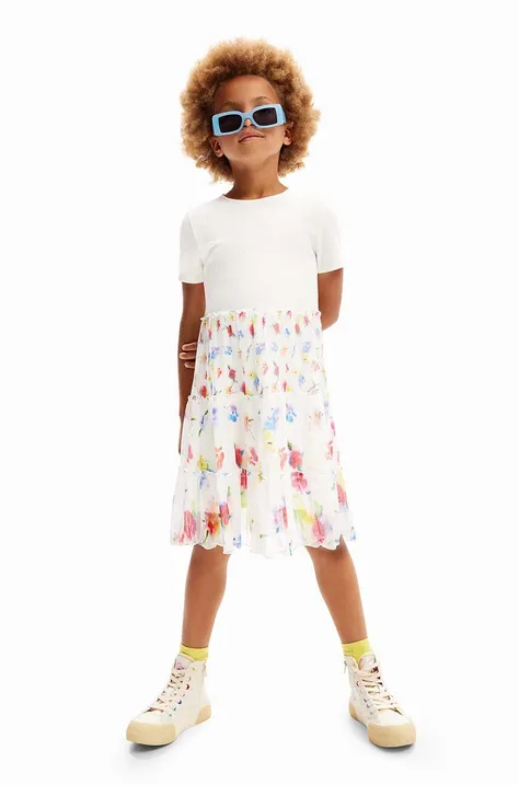 Dječja haljina Desigual boja: bijela, mini, širi se prema dolje