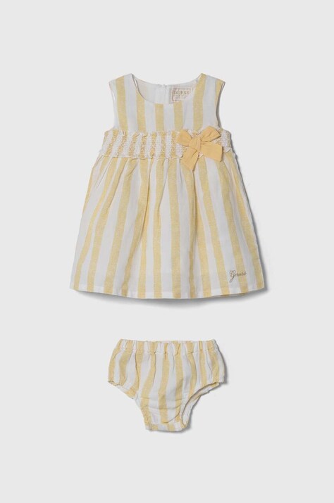 Guess rochie din amestec de in pentru bebeluși culoarea galben, mini, evazată