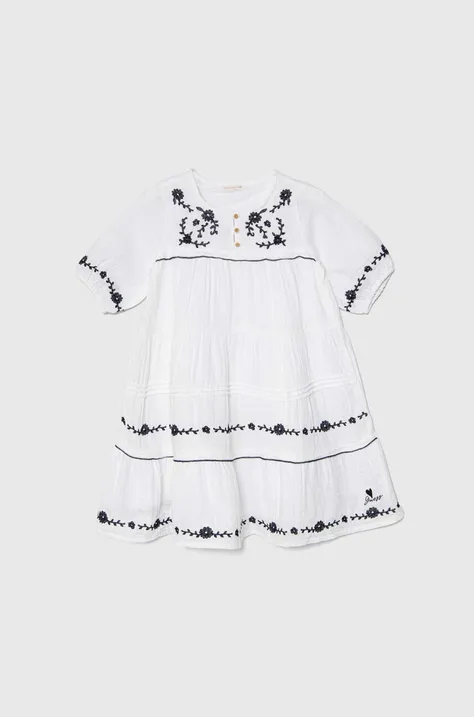 Guess rochie din bumbac pentru copii culoarea alb, midi, evazati