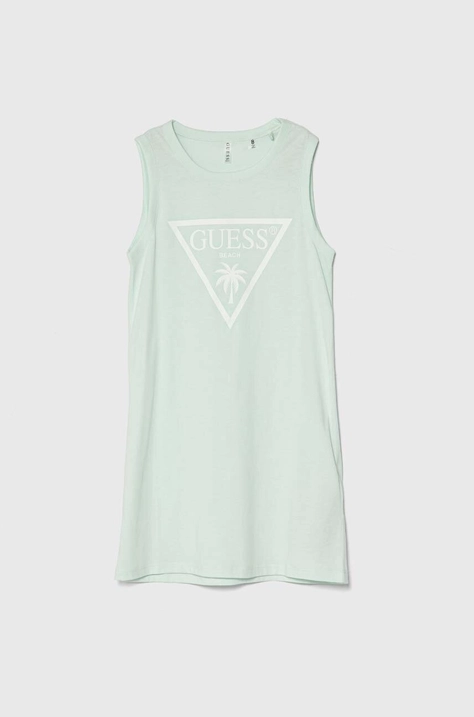 Guess rochie din bumbac pentru copii culoarea turcoaz, mini, drept