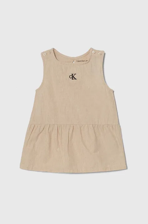 Dětské šaty s příměsí lnu Calvin Klein Jeans béžová barva, mini