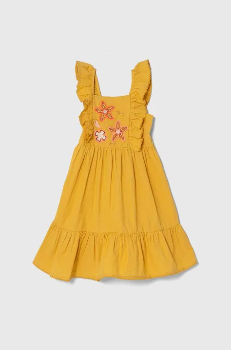 Dječja haljina s dodatkom lana zippy boja: žuta, mini, širi se prema dolje