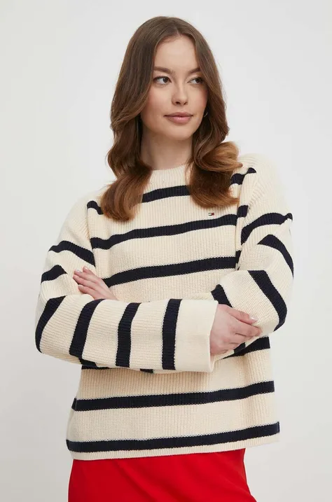 Bavlnený sveter Tommy Hilfiger béžová farba, teplý