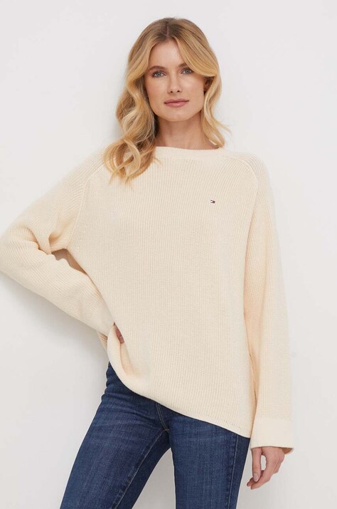 Tommy Hilfiger pulover de bumbac culoarea bej, călduros WW0WW40751