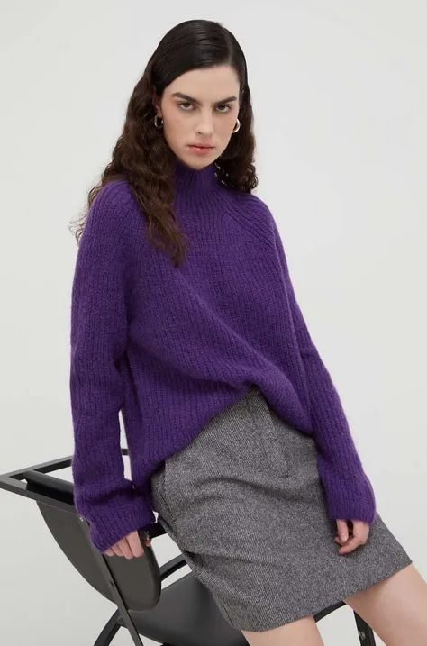 Marc O'Polo sweter wełniany damski kolor fioletowy z półgolfem 310602860285