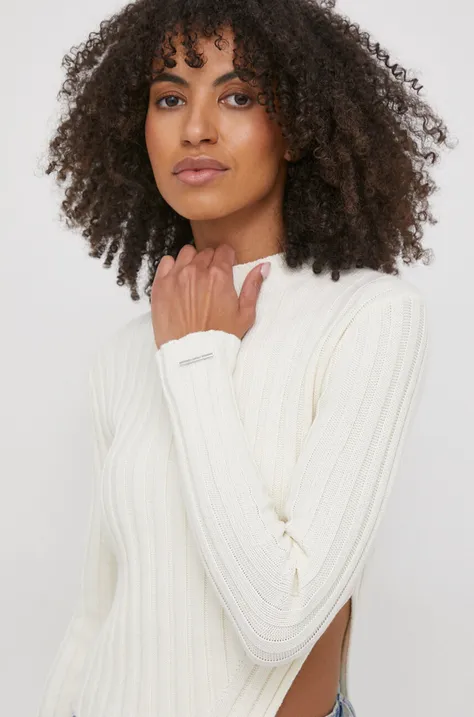 Calvin Klein sweter z domieszką wełny damski kolor beżowy lekki z półgolfem