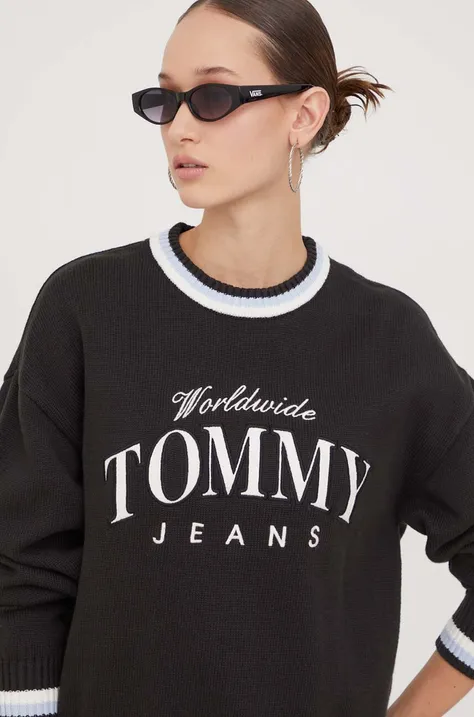 Tommy Jeans pamut pulóver könnyű, fekete