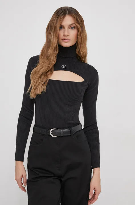 Calvin Klein Jeans sweter damski kolor czarny lekki z golfem