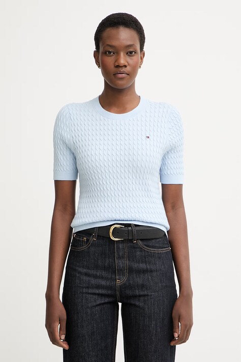 Tommy Hilfiger sweter z krótkim rękawem damski bawełniany niebieski WW0WW41787