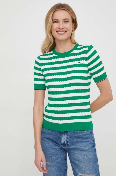 Bavlnený sveter Tommy Hilfiger zelená farba, tenký