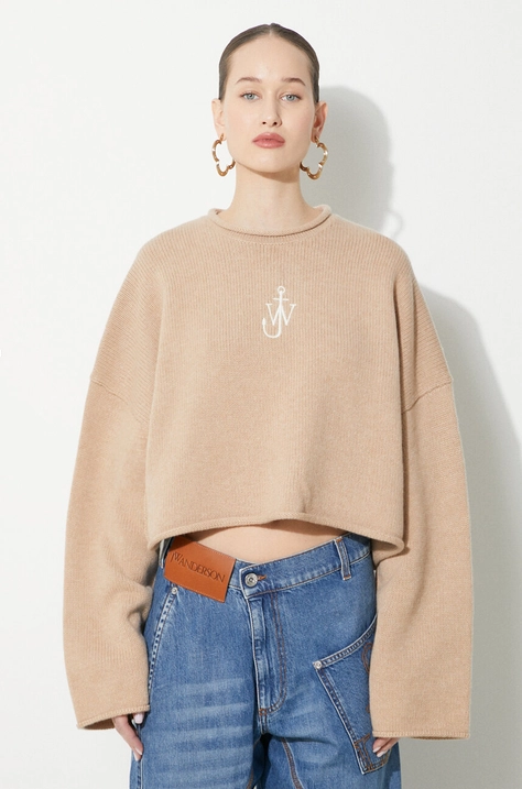 Vuneni pulover JW Anderson Cropped Anchor Jumper za žene, boja: bež, KW1121.YN0264.132