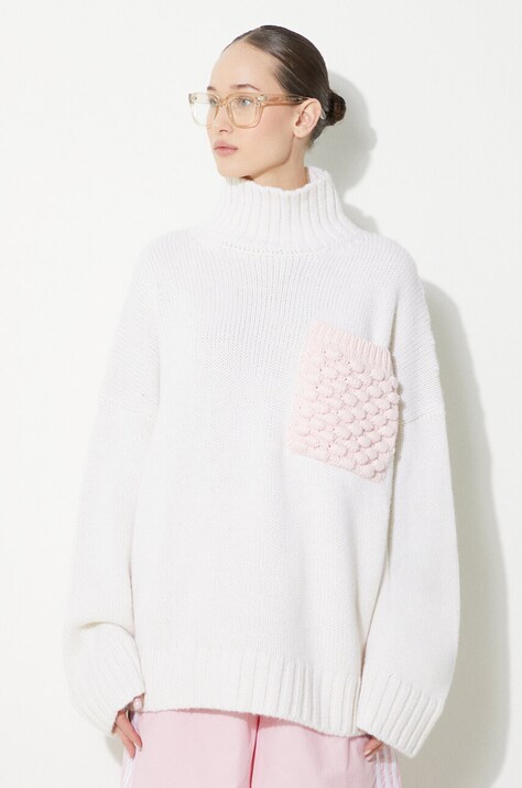 Вълнен пуловер JW Anderson Textured Patch Pocket Turtleneck Jumper дамски в бежово от топла материя с поло KW1150.YN0144.001
