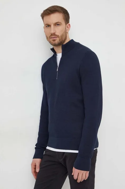 Pamučni pulover BOSS boja: tamno plava, lagani, s poludolčevitom