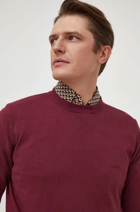 Бавовняний светр BOSS колір бордовий легкий