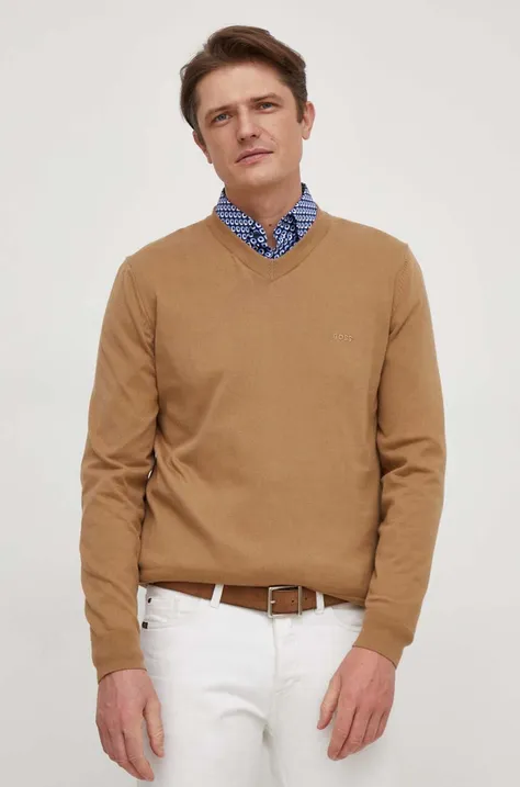 Βαμβακερό πουλόβερ BOSS χρώμα: μπεζ