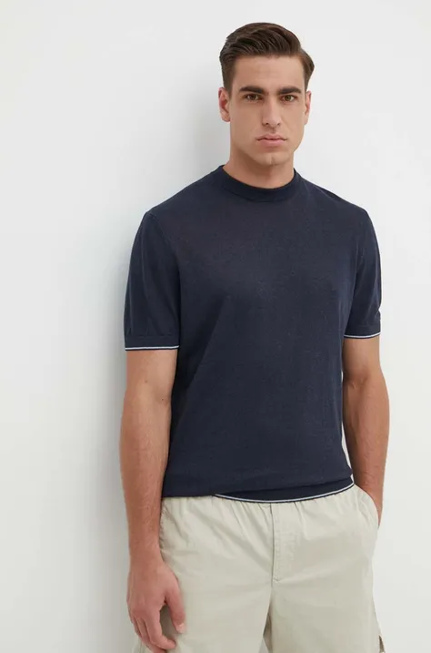 Ľanové tričko BOSS tmavomodrá farba,jednofarebný,50511757