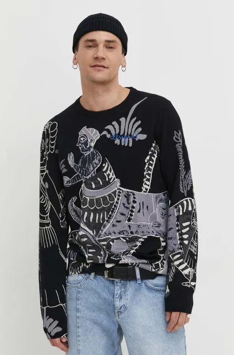 Памучен пуловер Desigual WEST в черно от лека материя