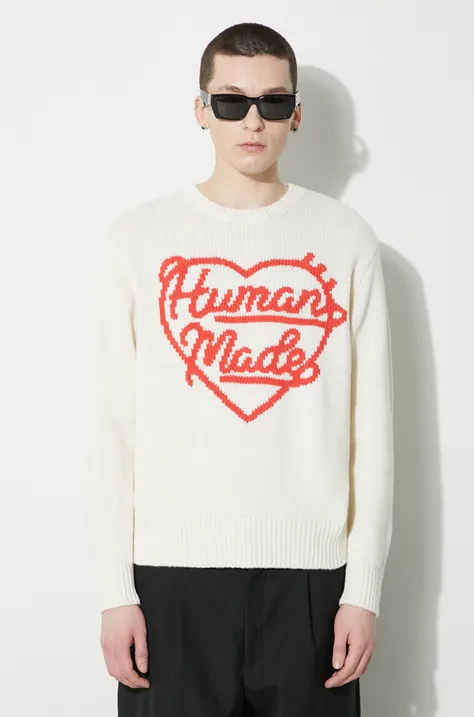 Human Made pulover de lana Low Gauge Knit Sweater barbati, culoarea bej, HM27CS038
