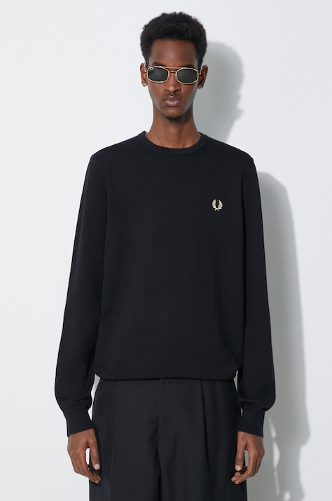 Vlnený sveter Fred Perry Classic Crew Neck Jumper pánsky, čierna farba, tenký, K9601.198