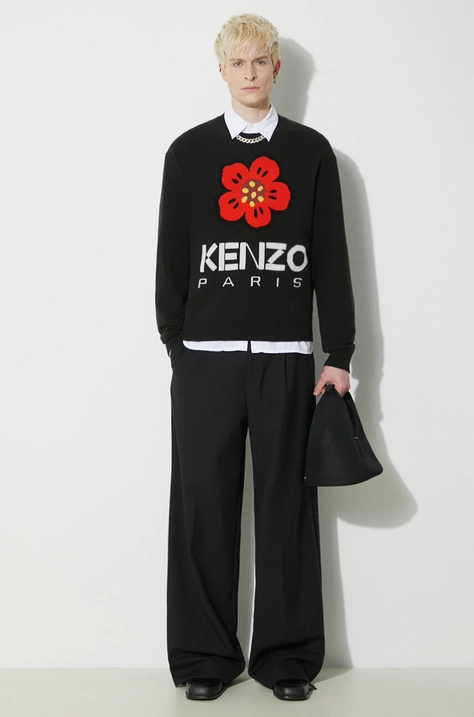 Vlněný svetr Kenzo Boke Flower Jumper pánský, černá barva, FD65PU4273LD.99J