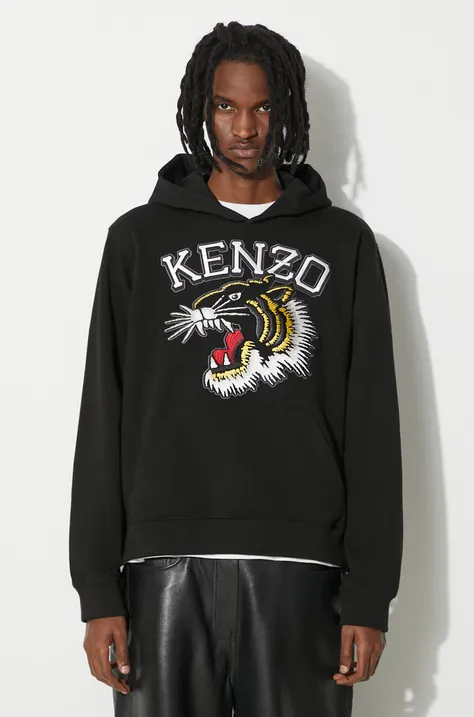 Бавовняна кофта Kenzo Tiger Varsity Slim Hoodie чоловіча колір чорний з капюшоном з аплікацією FE55SW1864MF.99J