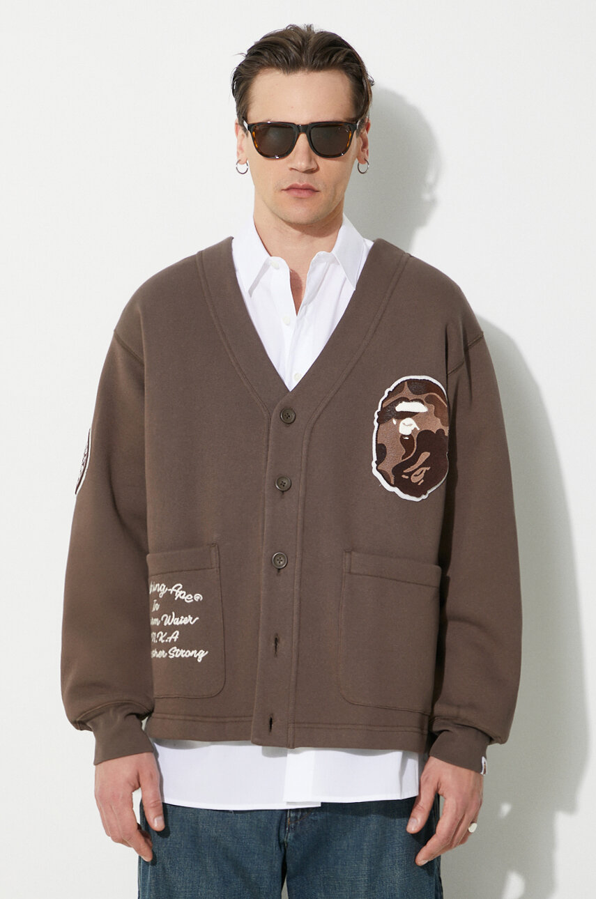 Суичър A Bathing Ape College Badges Sweat Cardigan в кафяво с апликация 1J80113063