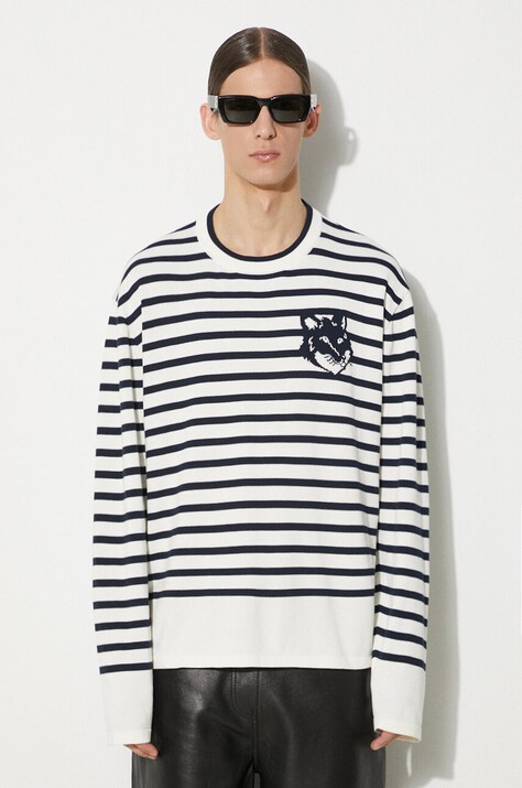 Bavlněný svetr Maison Kitsuné Fox Head Intarsia Comfort Striped Jumper tmavomodrá barva, lehký, MM00803KT1102