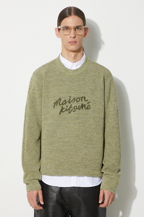 Bavlněný svetr Maison Kitsuné Handwriting Comfort Jumper zelená barva, MM00807KT1108