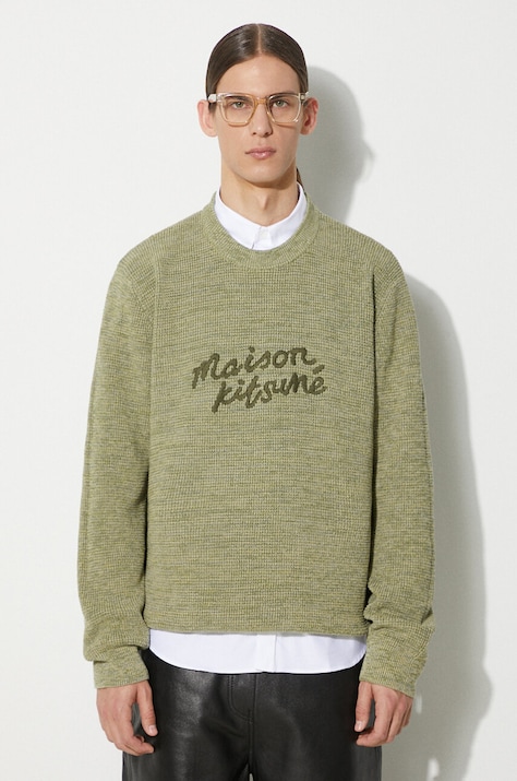 Bavlnený sveter Maison Kitsuné Handwriting Comfort Jumper zelená farba, MM00807KT1108