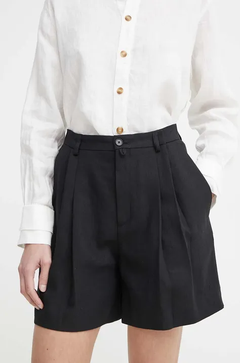 Ľanové šortky Drykorn COURT čierna farba, jednofarebné, vysoký pás, 126065 80715