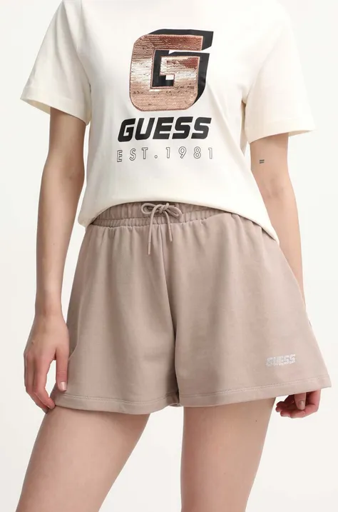 Bavlněné šortky Guess hnědá barva, melanžové, high waist