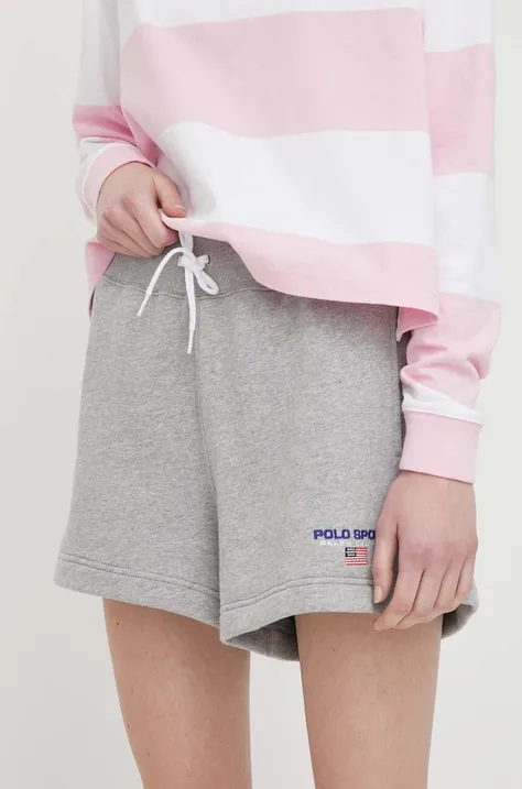 Polo Ralph Lauren pantaloni scurți femei, culoarea gri, melanj, high waist 211939509