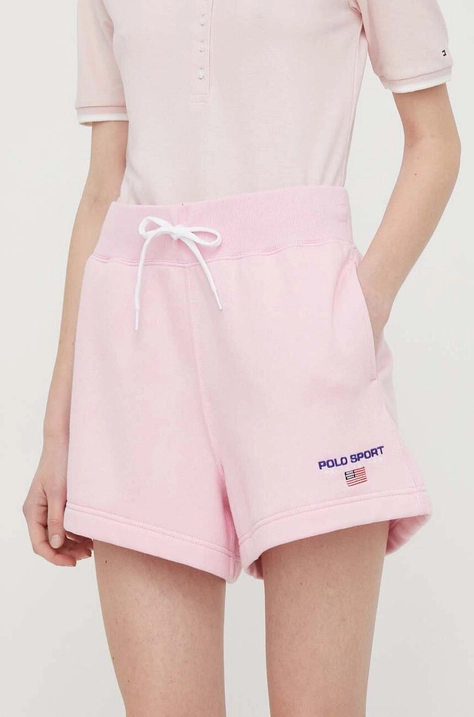 Polo Ralph Lauren pantaloni scurți femei, culoarea roz, melanj, high waist 211939509