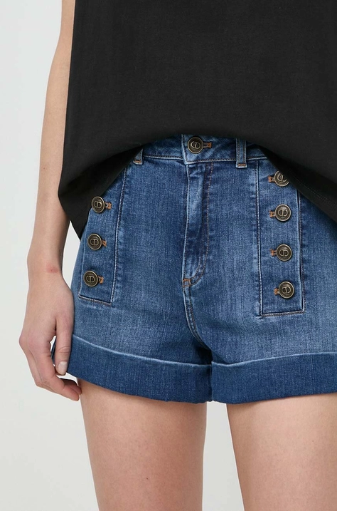 Twinset szorty jeansowe damskie kolor niebieski gładkie high waist