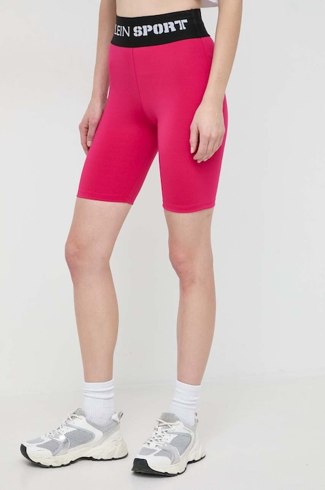 PLEIN SPORT pantaloni scurti femei, culoarea roz, cu imprimeu, high waist