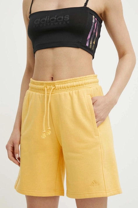 adidas pantaloni scurti femei, culoarea galben, neted, high waist, IW1259