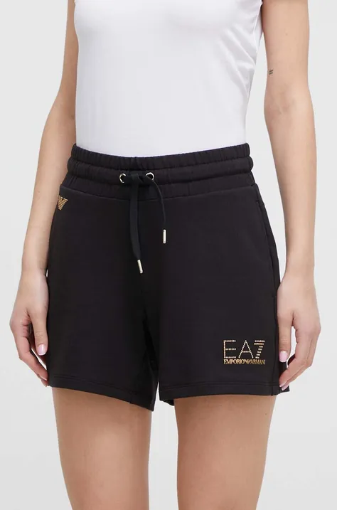Kratke hlače EA7 Emporio Armani za žene, boja: crna, s aplikacijom, visoki struk