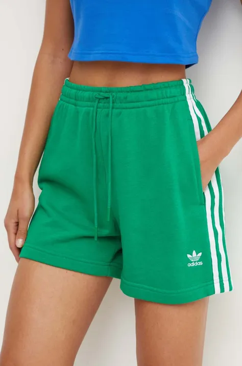 Kratke hlače adidas Originals 3-Stripes French Terry za žene, boja: zelena, s aplikacijom, visoki struk, IP0697