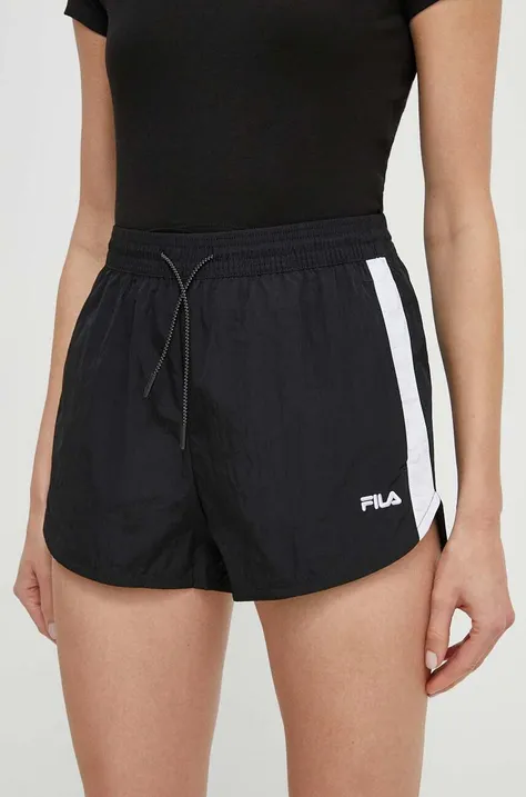 Kratke hlače Fila Limassol za žene, boja: crna, s uzorkom, visoki struk, FAW0775