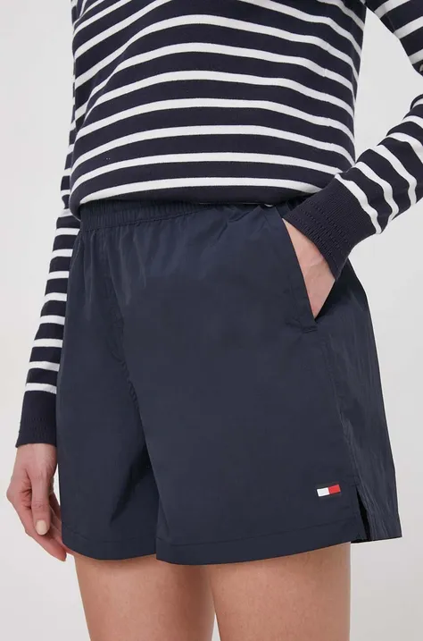 Tommy Hilfiger pantaloni scurți femei, culoarea bleumarin, uni, high waist WW0WW41521