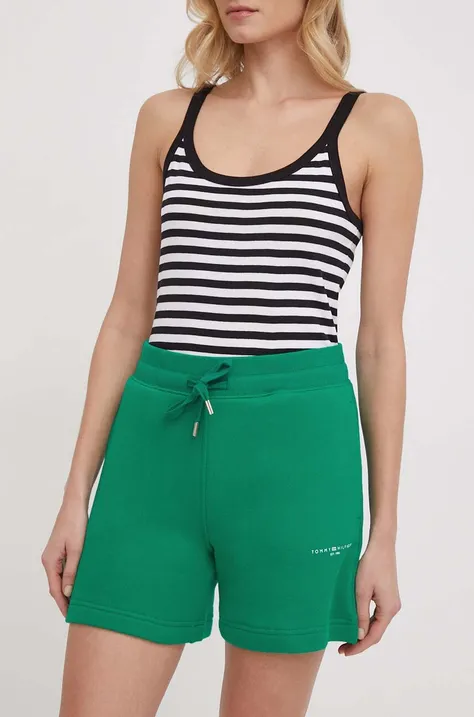 Tommy Hilfiger pantaloni scurți femei, culoarea verde, uni, high waist WW0WW38348