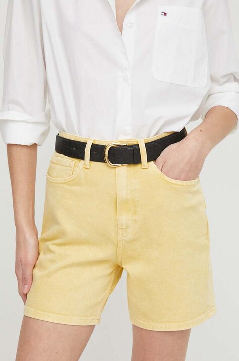 Tommy Hilfiger pantaloni scurți jeans femei, culoarea galben, uni, high waist WW0WW41322