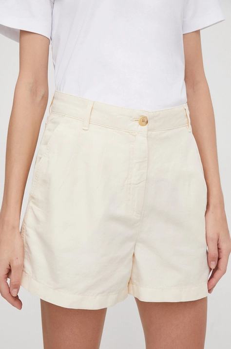 Tommy Hilfiger pantaloni scurți din amestec de in culoarea bej, uni, high waist WW0WW41603