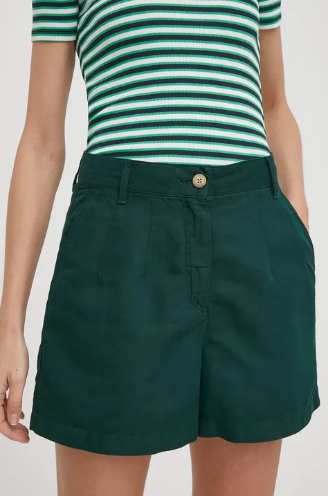 Tommy Hilfiger pantaloni scurți din amestec de in culoarea verde, uni, high waist WW0WW41603