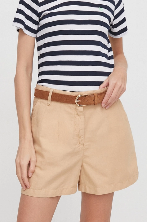 Tommy Hilfiger pantaloni scurți din amestec de in culoarea bej, uni, high waist WW0WW41603